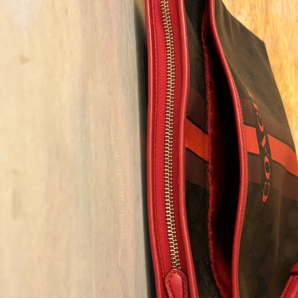 Coach Signature Coated Canvas Dark Brown and Red Crossbody Bag - Picture 6 of 16